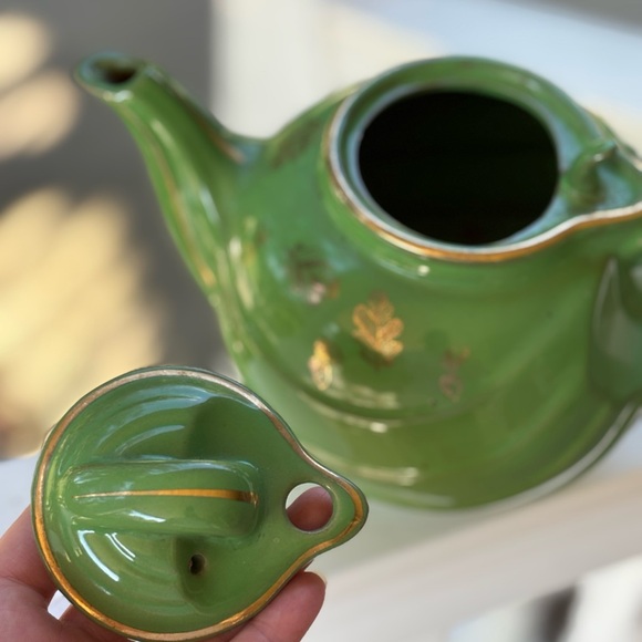 Vintage Green Globe Shape Teapot with Gold Leaf Accents by Hall - Picture 3 of 5